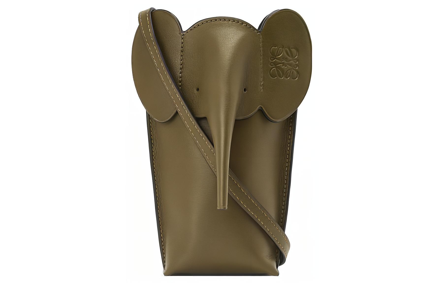 LOEWE Elephant Pocket Cow Leather Cell Phone Pouch, Shoulder Bag, Crossbody Bag Women's Dark Khaki Green