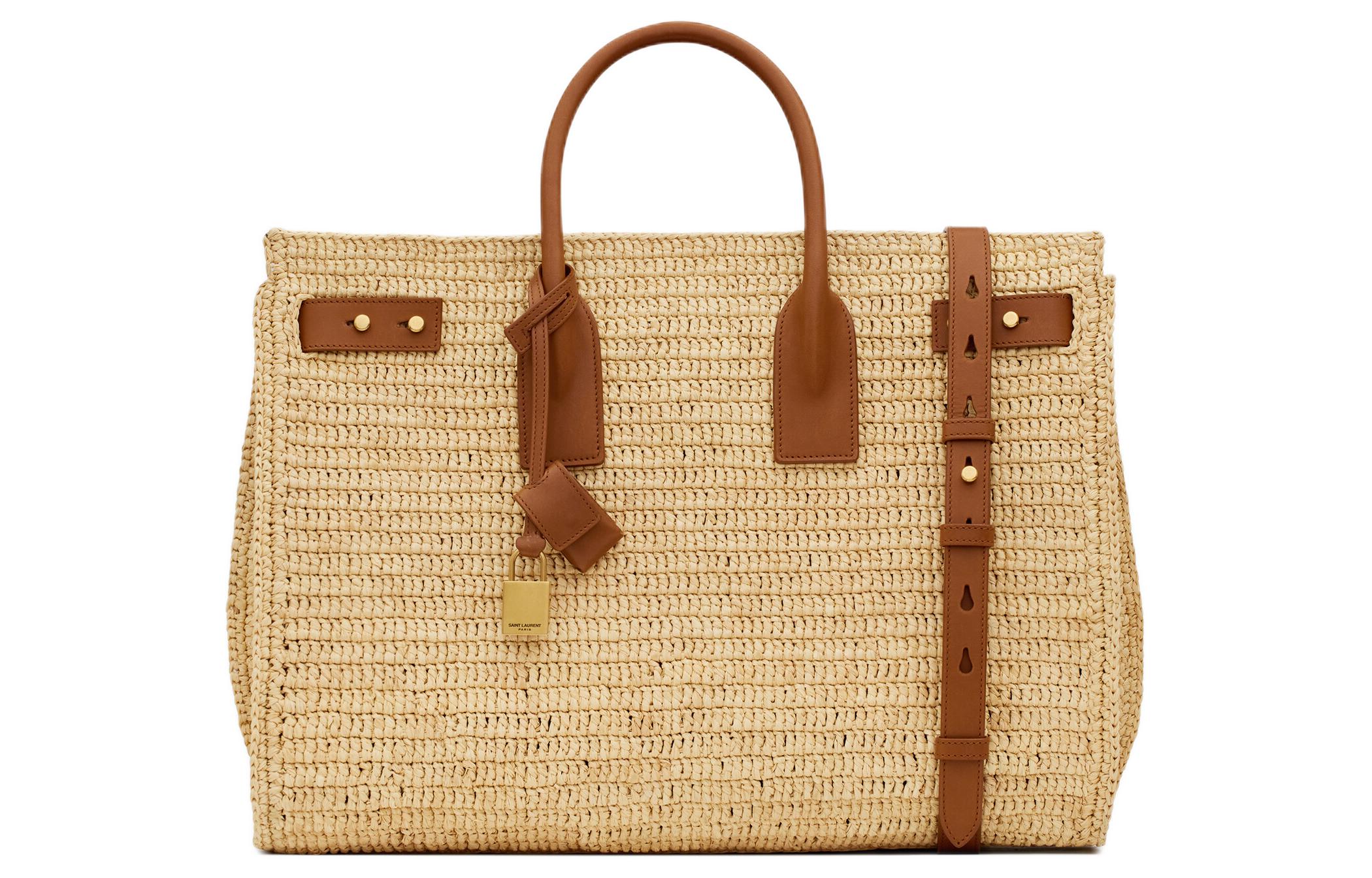 SAINT LAURENT Saint Laurent YSL SAC DE JOUR accordion side bronze hardware raffia and cow leather handbag medium women's natural color brick color