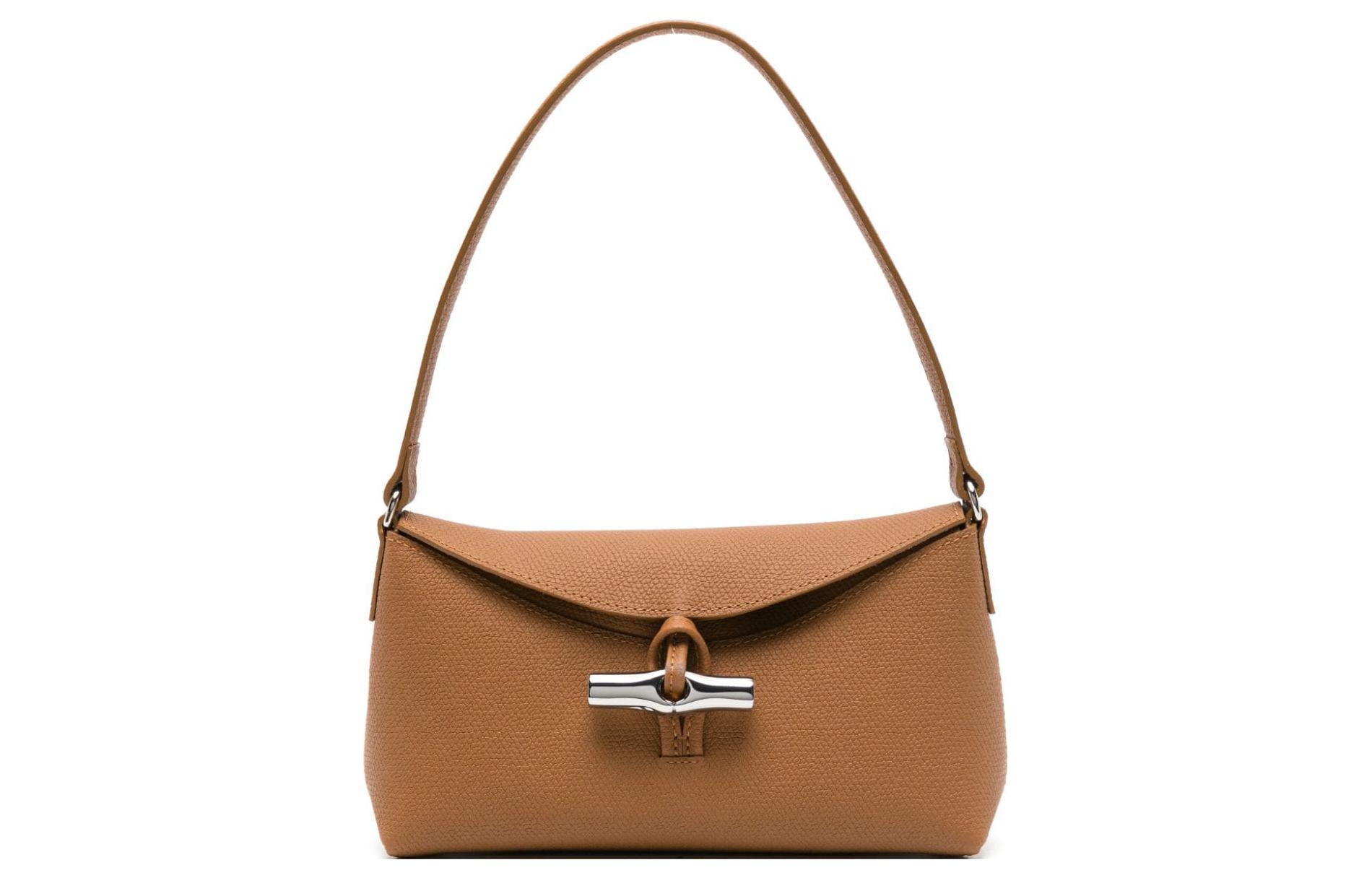 LONGCHAMP Le Roseau Grain Cow Leather Shoulder Bag, Crossbody Bag, Handbag Small Women's Camel Brown