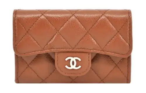 CHANEL Shiny Grain Calfskin & Gold Metal Card Holder Women's Coffee