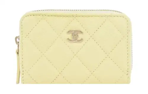 CHANEL Shiny Grain Calfskin & Gold Metal Wallet Women's Light Yellow