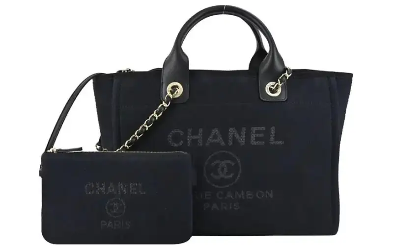CHANEL Canvas & Gold Metal Beach Bag, One Shoulder Handbag Small Women's Black