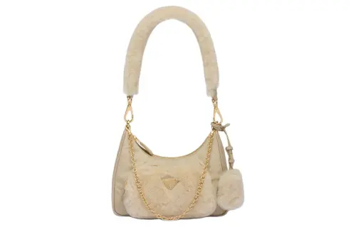 PRADA Recycled Nylon With Shearling Handbag, Shoulder Bag Women's Desert Beige