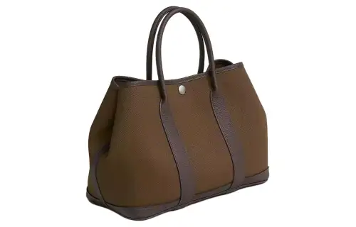 HERMES Garden Party Canvas With Negonda Calfskin Handbag 30 Women's Tundra & Ebony