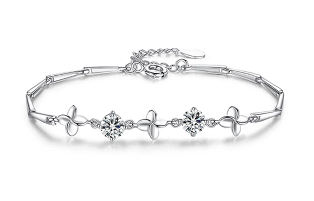 KADER Lucky Four Leaf Clover Collection 925 Sterling Silver 999 Silver Cubic Zirconia Bracelets Women's Silver White