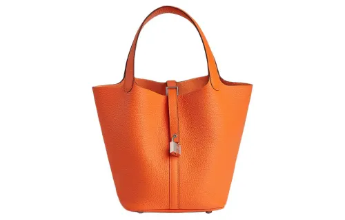 HERMES Picotin Lock Clemence Calfskin Basket Bag, Bucket Bag, Handbag 22 Women's 0X Aluminum Cinnabar Orange