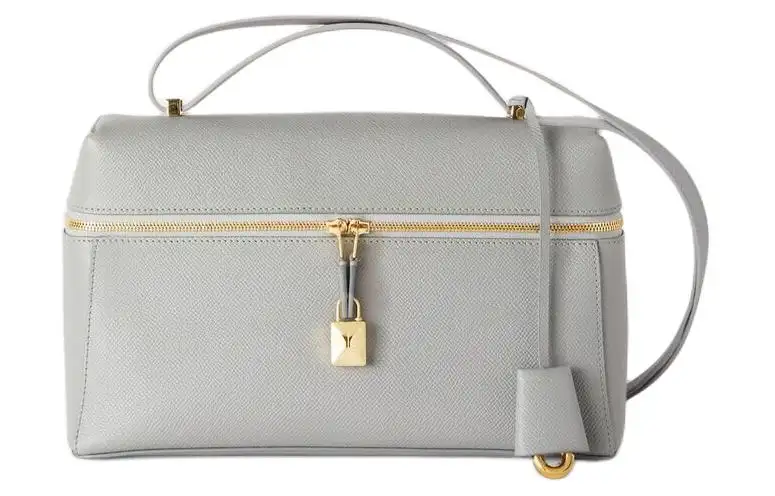 Loro Piana Detachable Lock Keychain with Logo Engraving Grain Embossed Leather Handbag Women's Gray