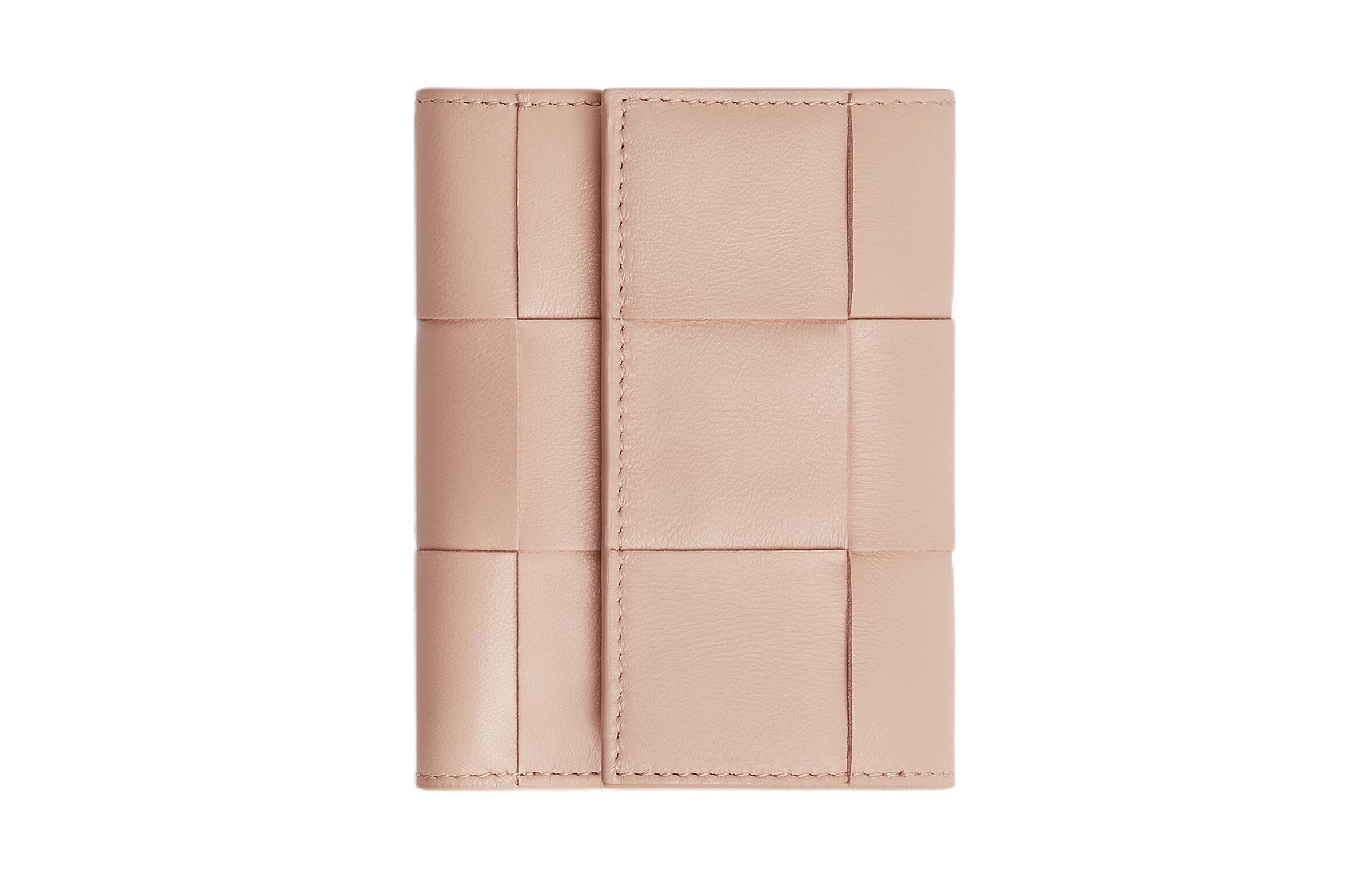 Bottega Veneta Bottega Veneta CASSETTE gold finish Intreccio braided snap fastening tri-fold sheepskin wallet women's lotus pink