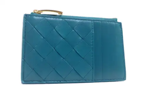 Bottega Veneta Zip Closure Lambskin With Calfskin Wallet, Card Holder Women's Blue