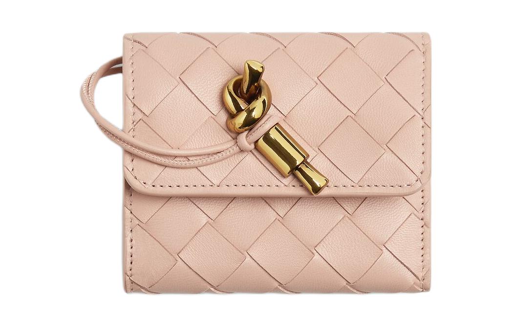 Bottega Veneta Bottega Veneta Andiamo Series Intrecciato Tri-fold Snap Closure Sheep Leather Wallet Women's Lotus Pink