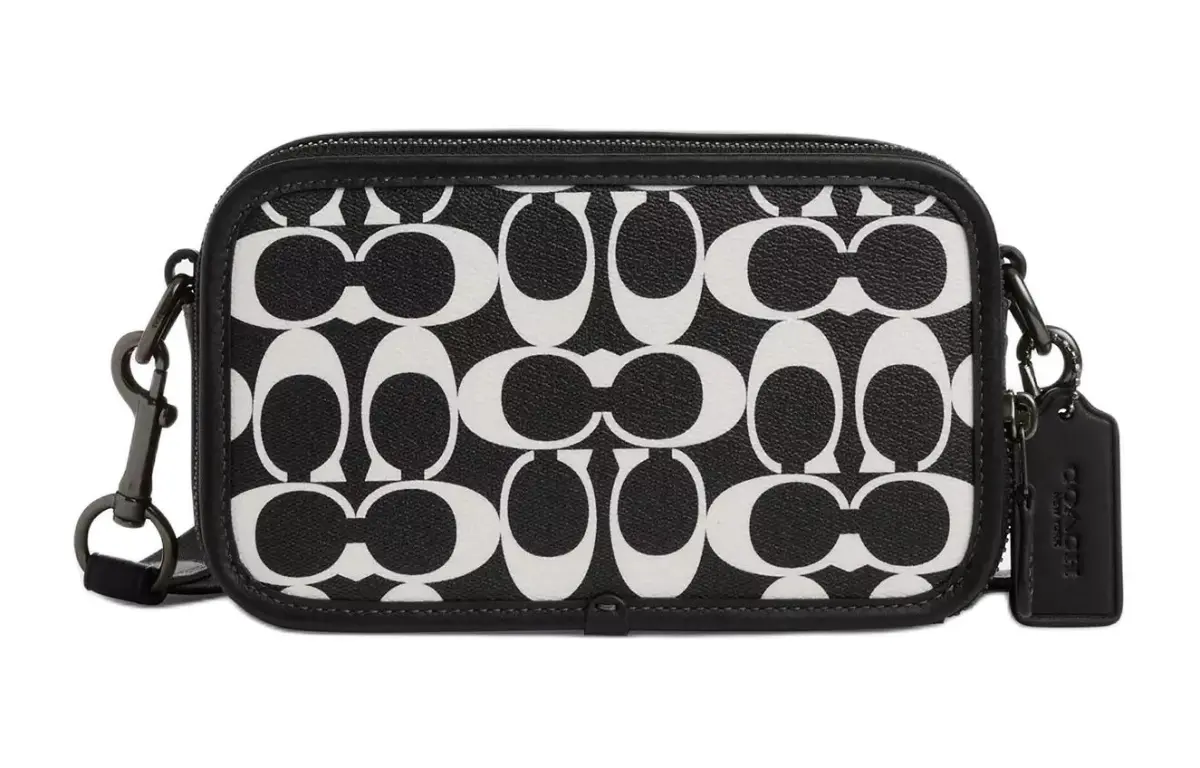 COACH Calfskin Camera Bag, Shoulder Bag, Crossbody Bag Small Unisex Black & White