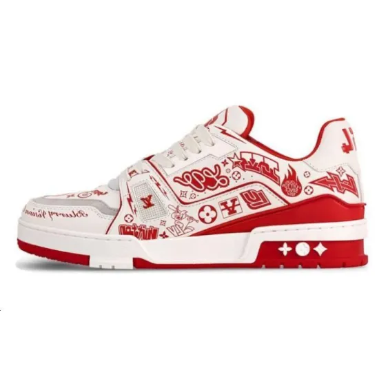 LOUIS VUITTON Trainer Low Top Skateboard Shoes Unisex White Red Graffiti