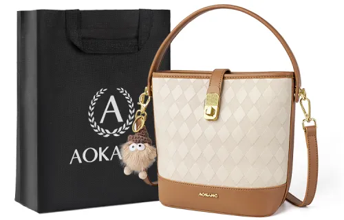 AOKANG Cow Leather Bucket Bag Handbag Medium Women's Cream Apricot