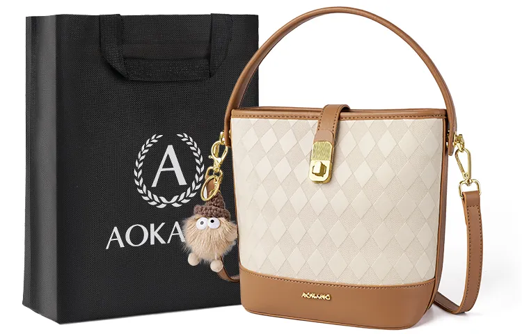 AOKANG Cow Leather Bucket Bag Handbag Medium Women's Cream Apricot