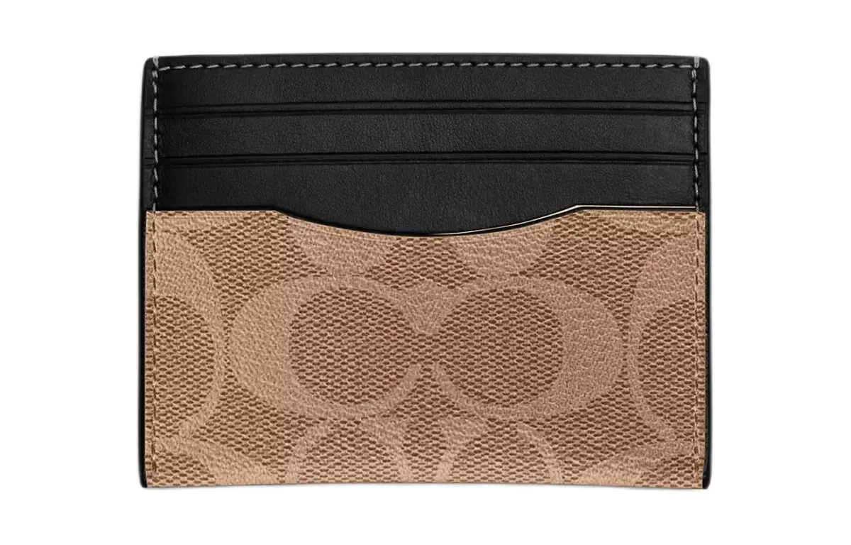COACH Card Case Coated Canvas With Refined Calfskin ID Card Holder Unisex Bronze & Tan