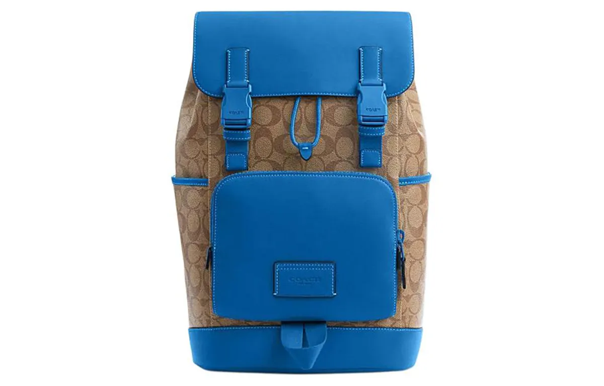 COACH Track Cow Leather Backpack Large Men's Khaki & Bright Blue