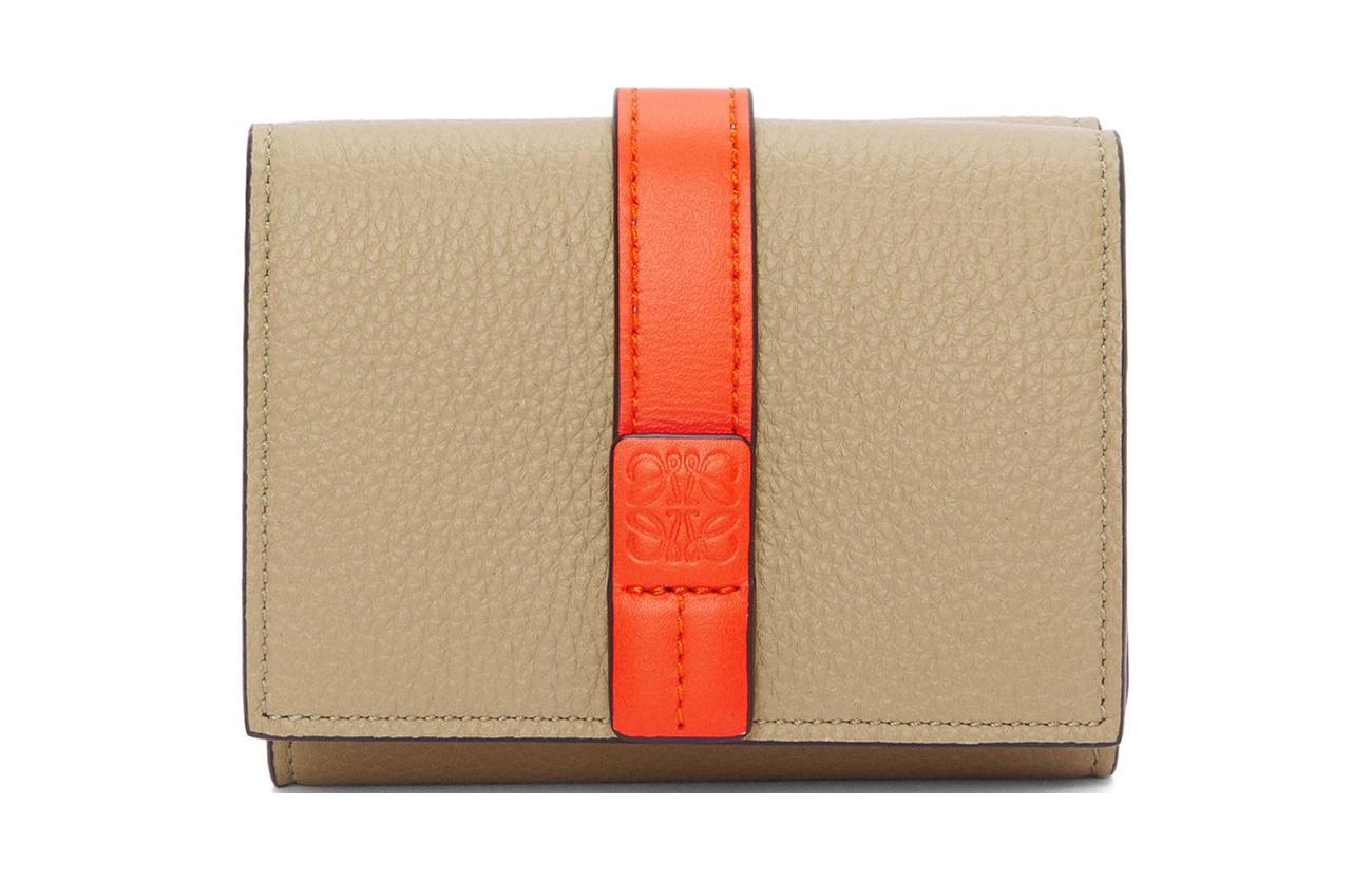LOEWE Loewe Tri-fold snap closure embossed charade grained calfskin wallet women's clay green with bright orange