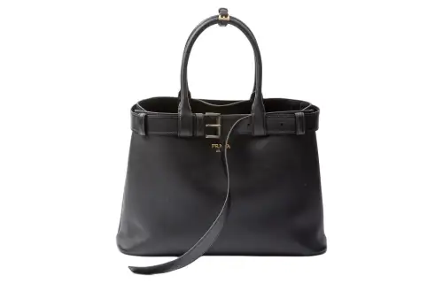 PRADA Buckle Leather Crossbody Handbag Large Women's Black