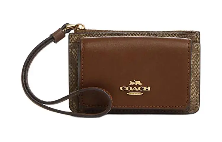 COACH Card Case PVC With Split Leather Card Holders Women's Khaki & Saddle Brown
