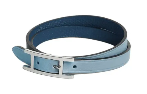 HERMES Calfskin, Palladium Plated Wristbands Women's Blue