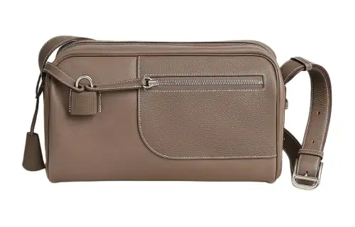 HERMES Evercolor Calfskin With Clemence Bullock Leather Crossbody Bag, Shoulder Bag Men's Elephant Gray