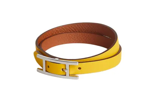 HERMES Calfskin, Palladium Plated Wristbands Women's Yellow