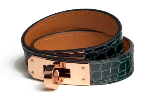 HERMES Calfskin, Crocodile Leather, Rose Gold Plated Wristbands Women's Green