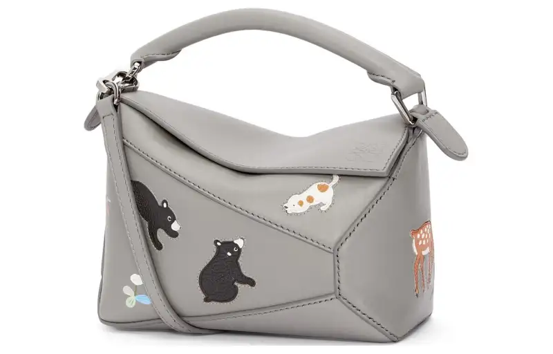 LOEWE Suna Fujita Collaboration Satin Calfskin Handbag, Shoulder Bag, Crossbody Bag Mini Women's Pearl Gray
