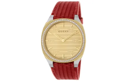 GUCCI 25H Wrist Watches Quartz Movement Leather Strap 34mm Gold Dial Women's Watch 30m Water Resistant
