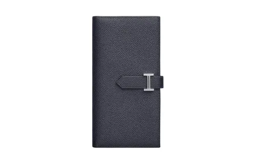 HERMES Bearn Silver Tone Buckle Epsom Calfskin Wallet Women's 76 Bleu Indigo