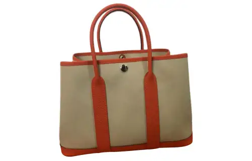 HERMES Garden Party Canvas With Negonda Calfskin Handbag 30 Women's Glacier White & Orange Red