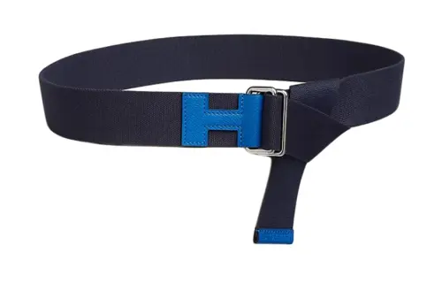 HERMES Nomade Cow Leather, Palladium Plated Leather Belts Men's Dark Blue Width 4cm