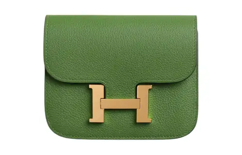 HERMES Constance Slim Gold tone Lock Evercolor Calfskin Card Holder, Wallet Women's Silk Blue Green & Light Purple
