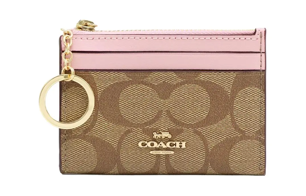 COACH Mini Id Skinny Leather Patchwork With PVC Key Pouch Card Holder Mini Women's Pink & Brown Monogram