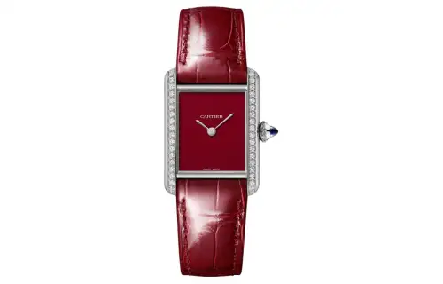 CARTIER Quartz Movement Women's Watch 22mm Red Watch Dial Stainless Steel Case Crocodile Leather Strap