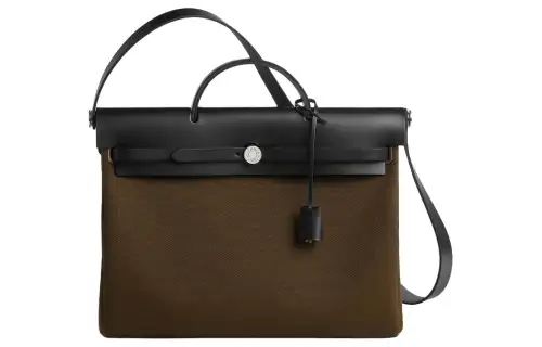 HERMES Herbag Zip Canvas With Hunter Cow Leather Shoulder Bag, Crossbody Bag, Handbag 39 Unisex Brown Green/Black
