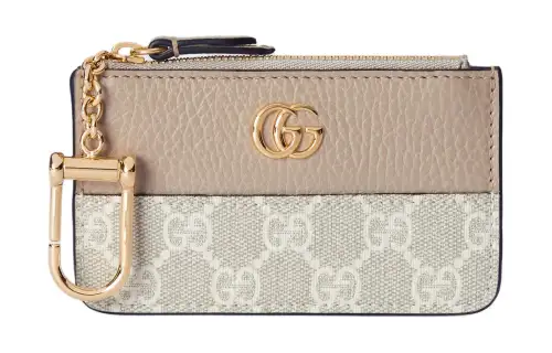 GUCCI GG Marmont Leather Trim Card Holder Women's Beige & White