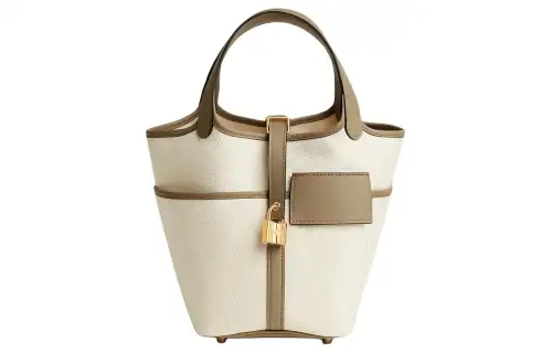 HERMES Picotin Lock Goeland Canvas With Swift Calfskin Basket Bag, Bucket Bag, Handbag 18 Women's Light & Marfa Beige