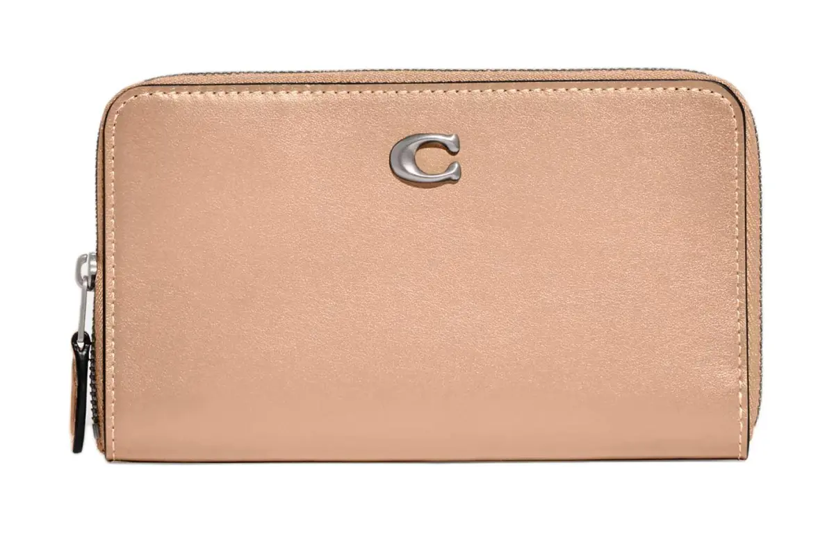 COACH Zip Around Calfskin Wallet, Card Holder Medium Women's Silver & Light Yellow