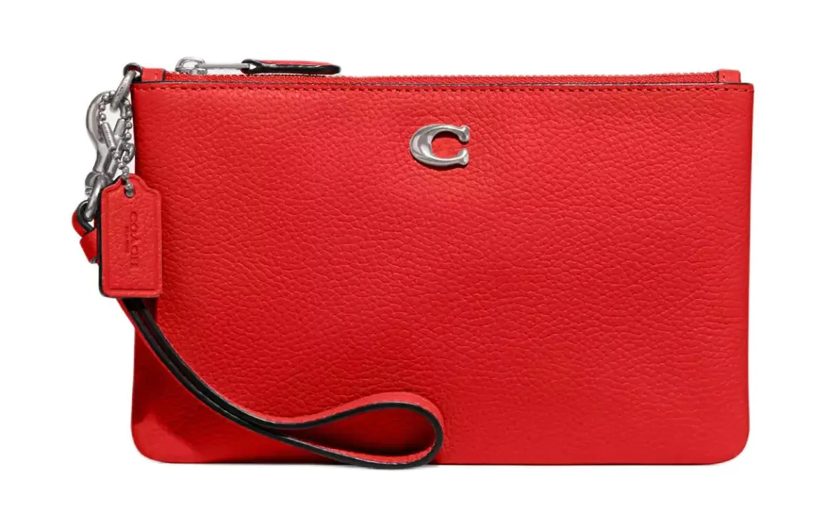 COACH Wristlet Pebble Leather Clutch Small Women's Silver & Sports Red