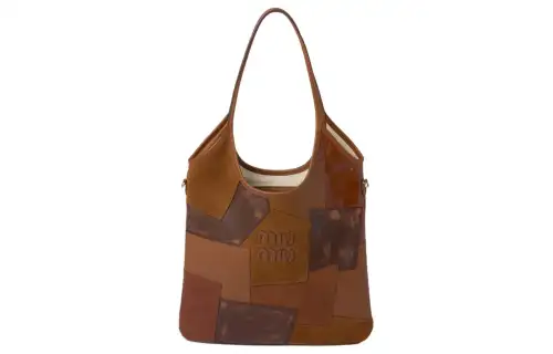 MIU MIU Leather Patchwork Tote Bag, Shopping Bag One Shoulder Handbag Women's Cognac