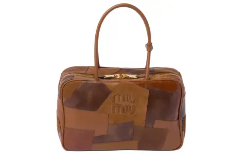 MIU MIU Cow Leather With Sheepskin Bowling Bag, Handbag, Shoulder Bag Women's Cognac
