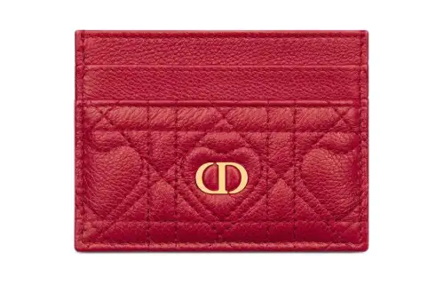 DIOR Caro Cow Leather Card Holder Women's Silver Lotus Red