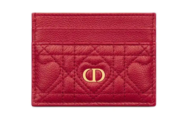 DIOR Caro Cow Leather Card Holder Women's Silver Lotus Red