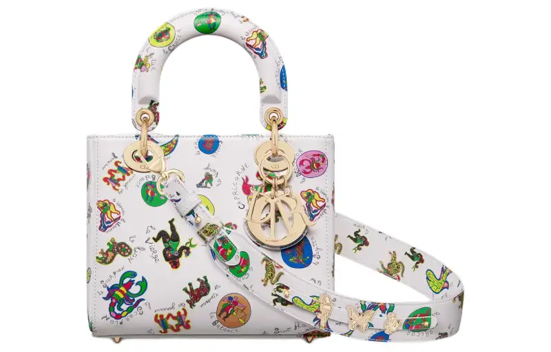 DIOR Lady Dior Cow Leather Handbag, Shoulder Bag, Crossbody Bag, Handbag Small Women's White & Multicolor