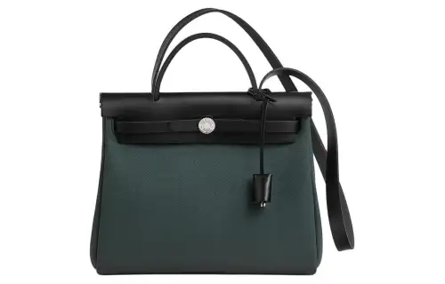HERMES Herbag Zip Canvas With Hunter Cow Leather Shoulder Bag, Crossbody Bag, Handbag 31 Unisex Rousseau Green/Black