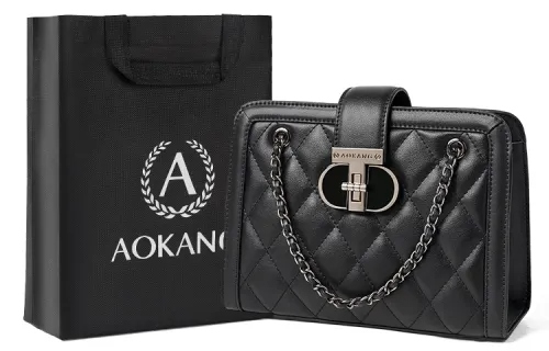 AOKANG Cow Leather Small Square Bag Diamond Pattern Chain Bag Shoulder Bag Medium Women's Classic Black/Ecru