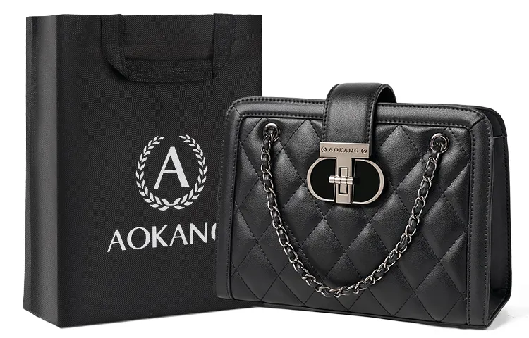 AOKANG Cow Leather Small Square Bag Diamond Pattern Chain Bag Shoulder Bag Medium Women's Classic Black/Ecru