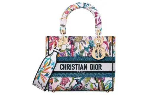 DIOR Lady D Lite Embroidery Handbag, Shoulder Bag, Crossbody Bag, Handbag Medium Women's White & Multicolor