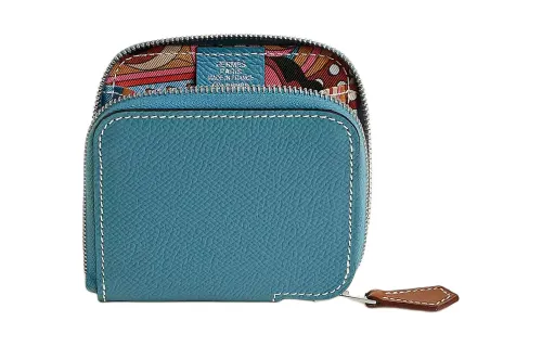 HERMES Silk'In Epsom Calfskin Coin Purse Wallet Women's Denim Blue